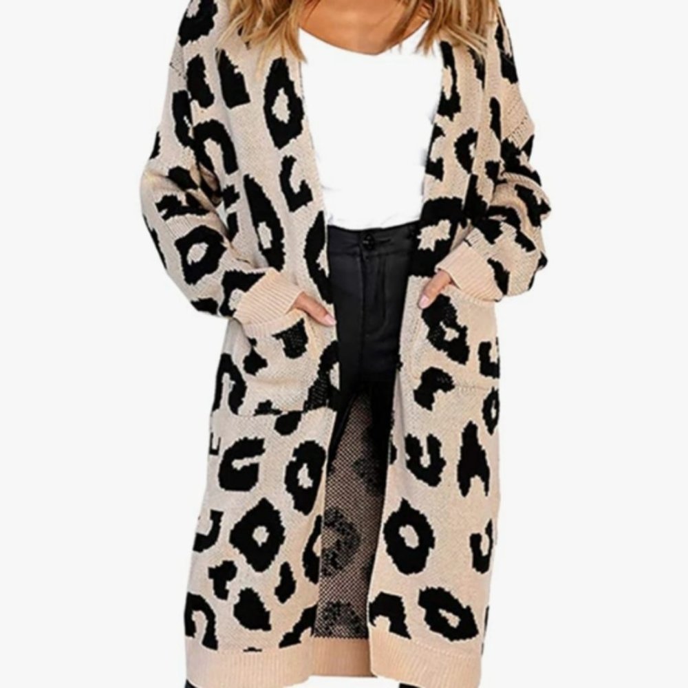 BTFBM New Long Open Front Knit Leopard Cardigan